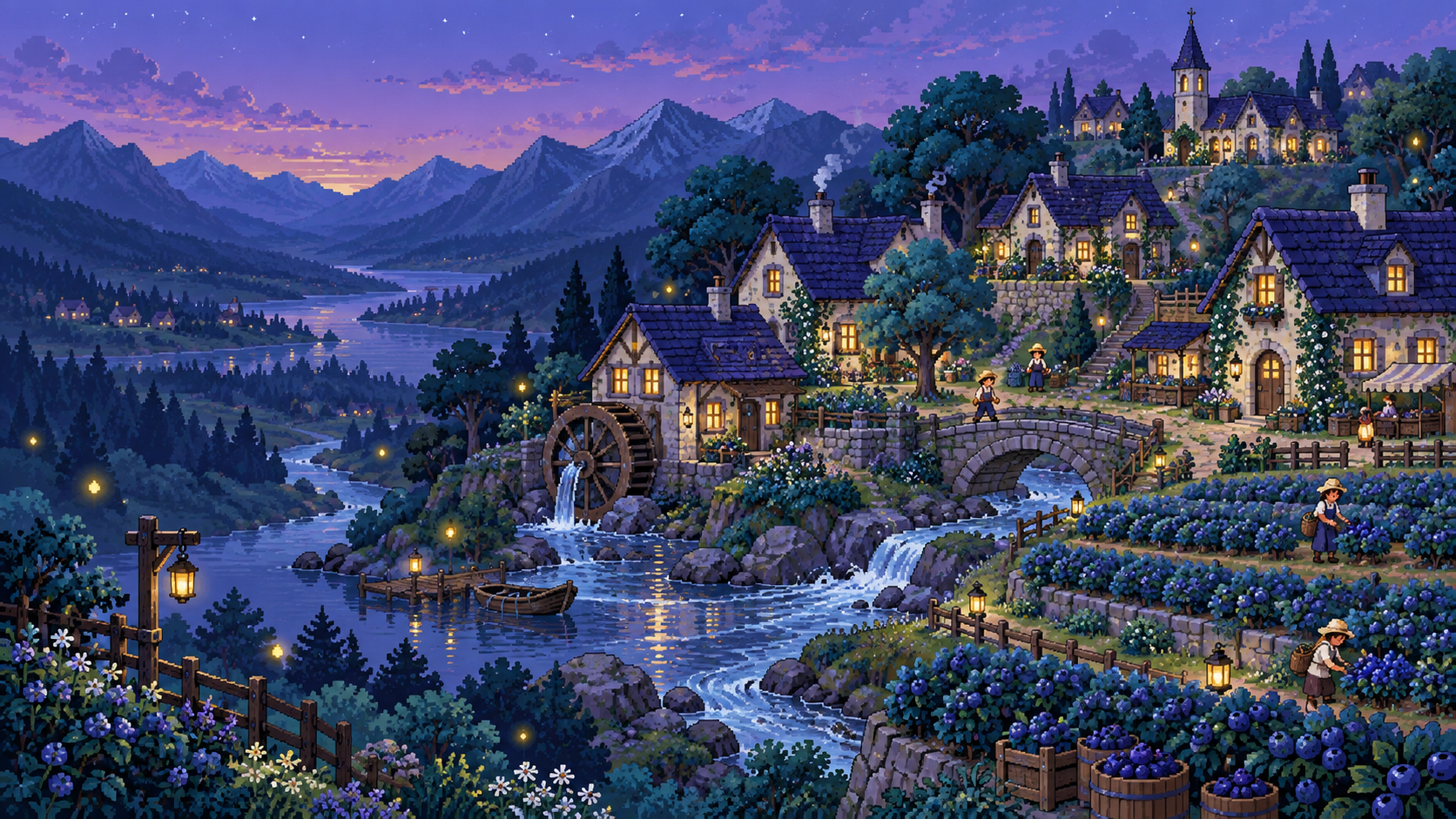 An original pixel valley with blueberry fields, blue-roof cottages and a river at twilight
